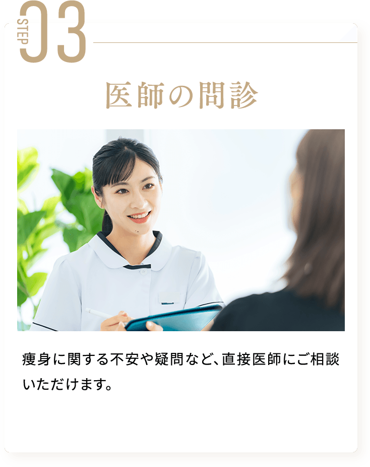 STEP03 医師の問診 痩身に関する不安や疑問など、直接医師にご相談いただけます。