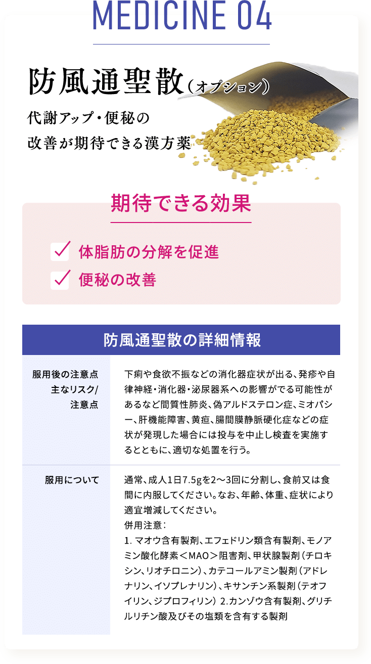 medicine 04 防風通聖散（オプション）代謝アップ・便秘の改善が期待できる漢方薬 防風通聖散の詳細情報