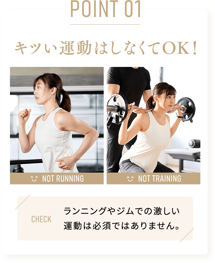 point_01 キツい運動はしなくてOK！ランニングやジムでの激しい 運動は必須ではありません。