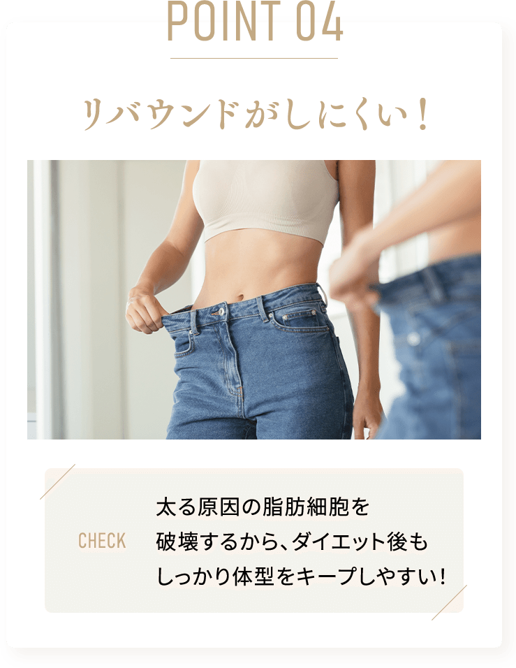 point_04 リバウンドがしにくい！太る原因の脂肪細胞を 破壊するから、ダイエット後も しっかり体型をキープしやすい！