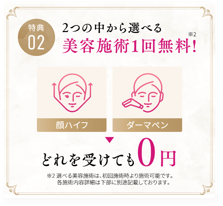 特典02 2つの中から選べる 美容施術1回無料!※2 顔ハイフ、ダーマペン どれを受けても0円 ※2選べる美容施術は、初回施術時より施術可能です。各施術内容詳細は下部に別途記載しております。